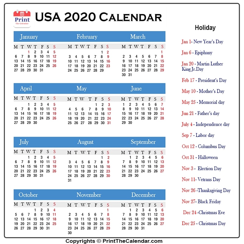 Us Calendar 2020 with Us Public Holidays