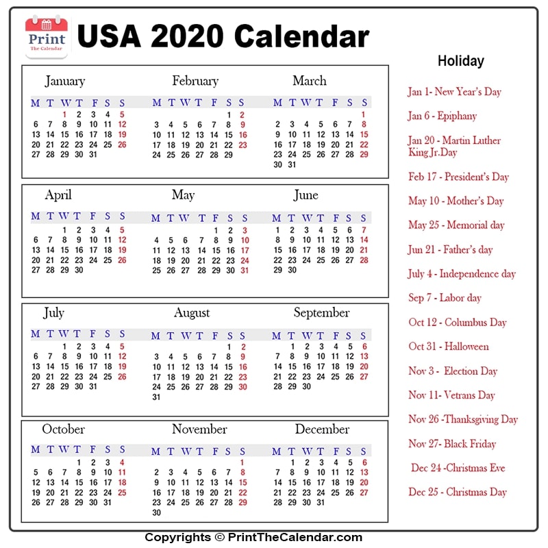 Us Calendar 2020 with Us Public Holidays