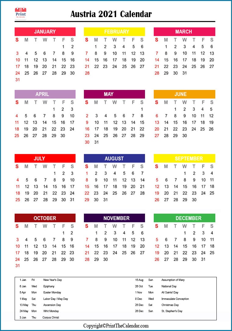 Austria Calendar 2021 with Austria Public Holidays