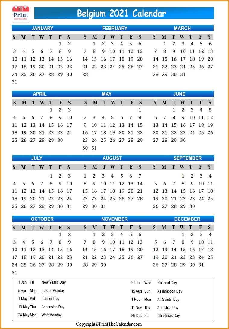 Belgium Calendar 2021 with Belgium Public Holidays