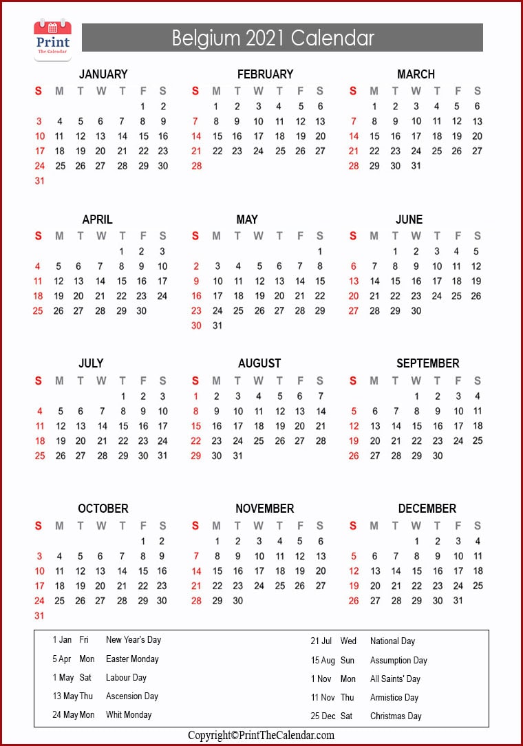 Belgium Calendar 2021 with Belgium Public Holidays