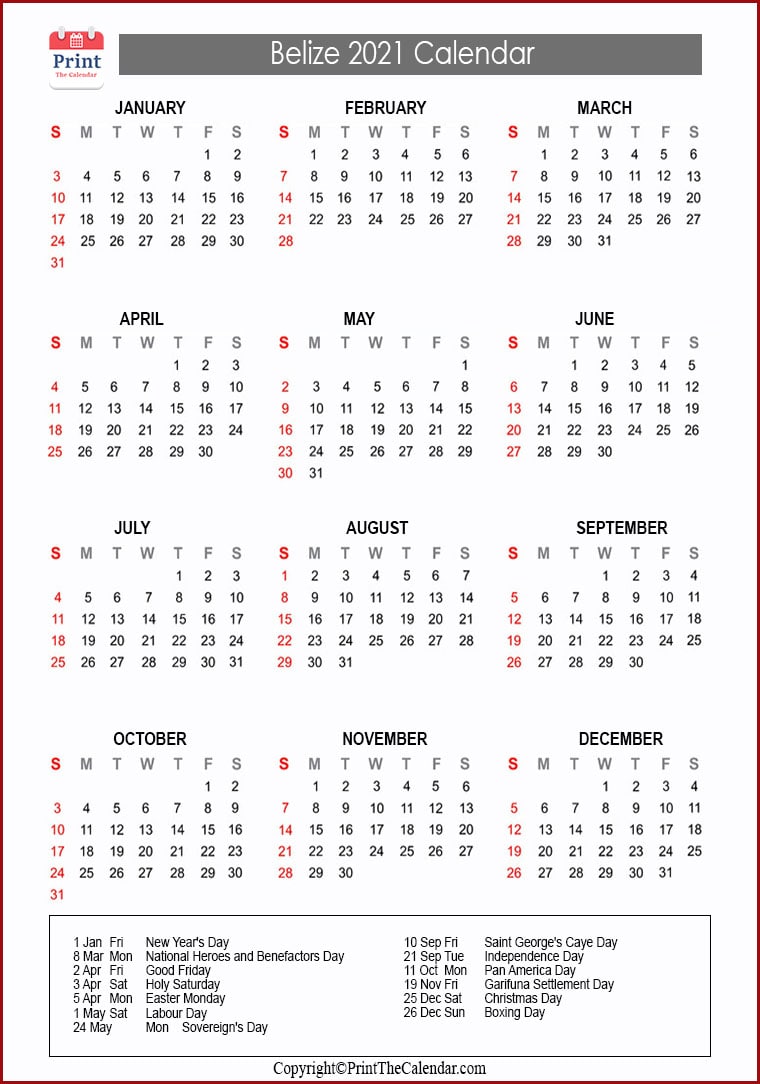 Belize Calendar 2021 with Belize Public Holidays