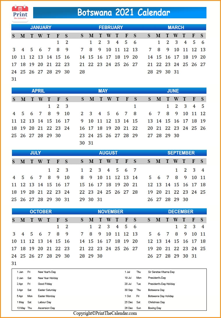 Botswana Calendar 2021 with Botswana Public Holidays