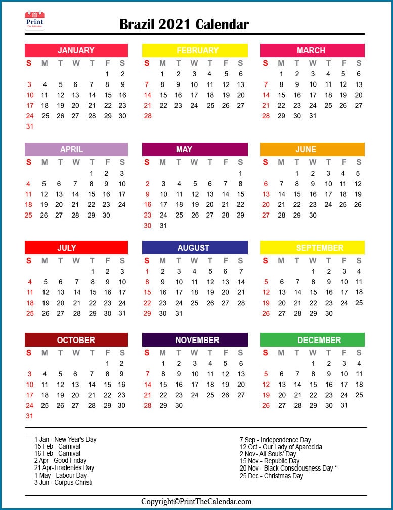 Brazil Calendar 2021 with Brazil Public Holidays