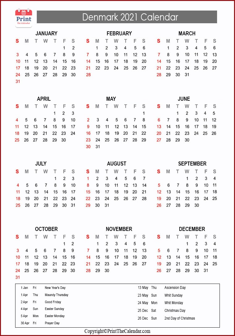 Denmark Calendar 2021 With Denmark Public Holidays