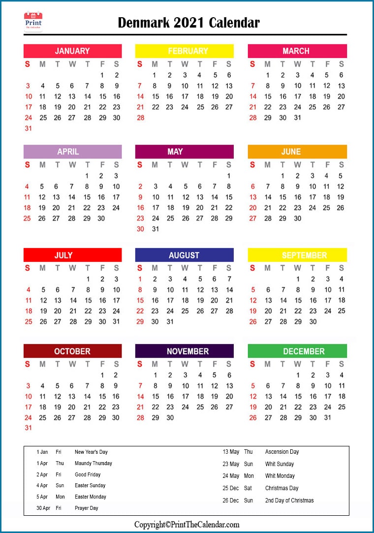 Denmark Calendar 2021 with Denmark Public Holidays