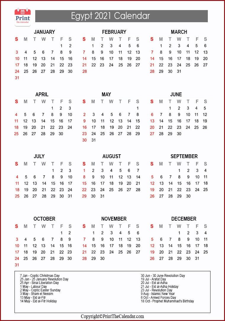 Egypt Calendar 2021 with Egypt Public Holidays