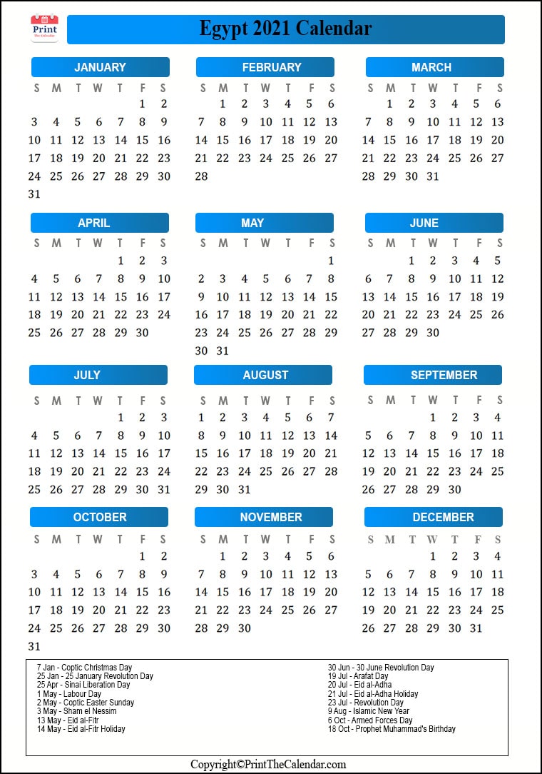 Egypt Calendar 2021 with Egypt Public Holidays