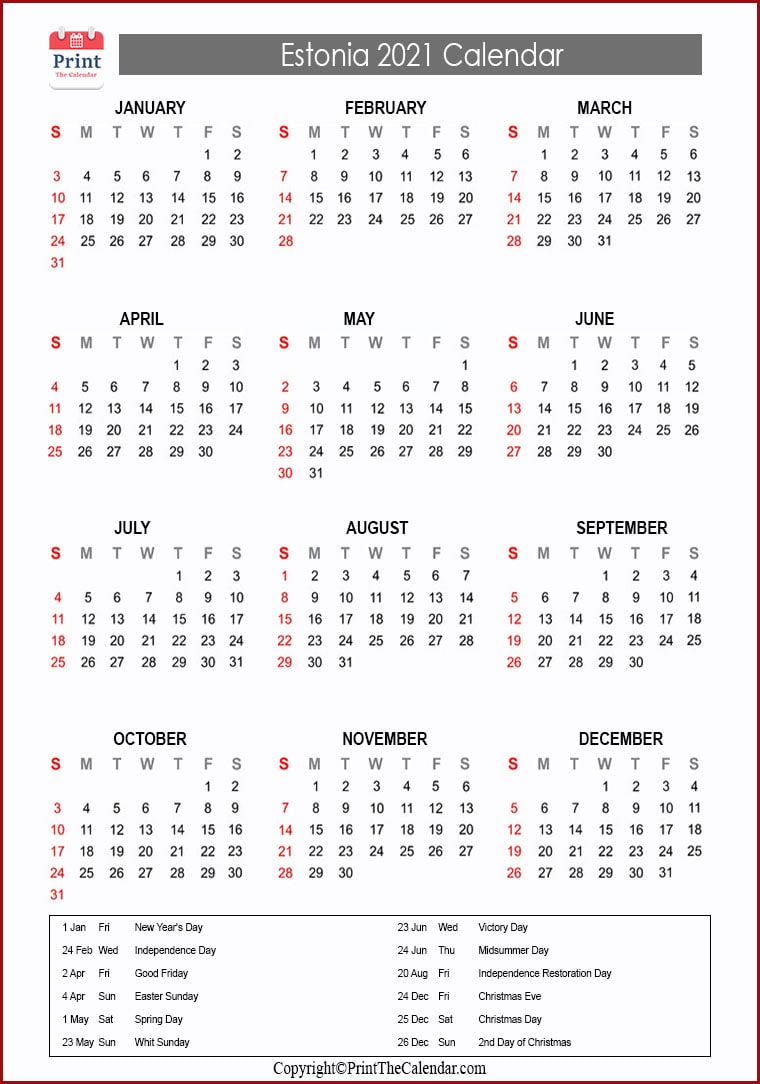 Estonia Calendar 2021 with Estonia Public Holidays