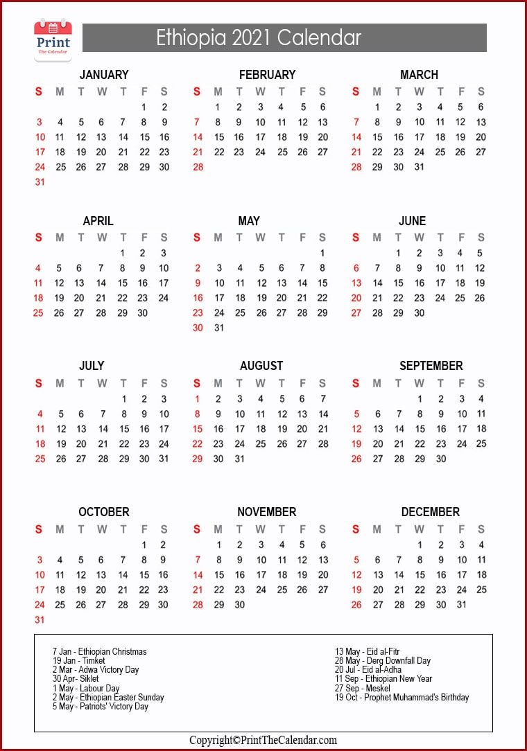 Ethiopian Calendar 2022 Ethiopia Holidays 2021 [2021 Calendar With Ethiopia Holidays]