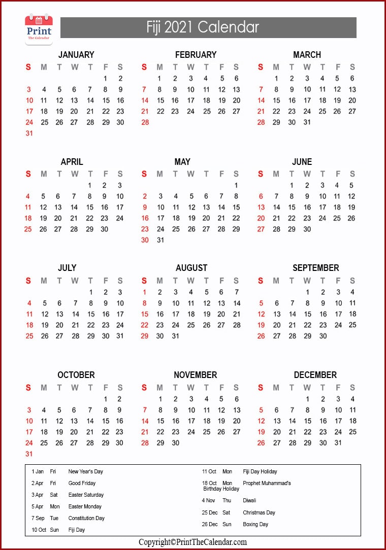 2021 Holiday Calendar Fiji | Fiji 2021 Holidays