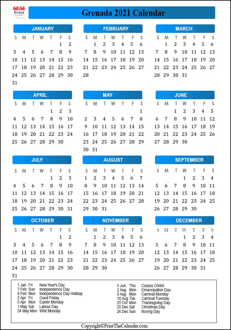 Grenada Calendar 2021 with Grenada Public Holidays