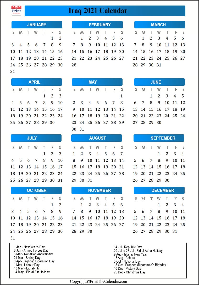Iraq Calendar 2021 with Iraq Public Holidays