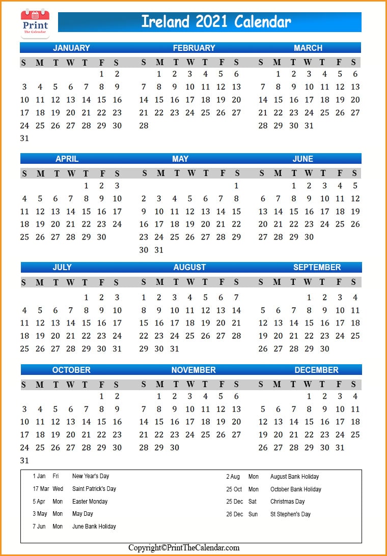 Ireland Calendar 2021 with Ireland Public Holidays