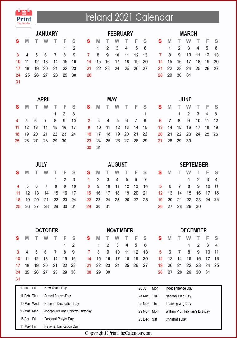 Ireland Calendar 2021 with Ireland Public Holidays