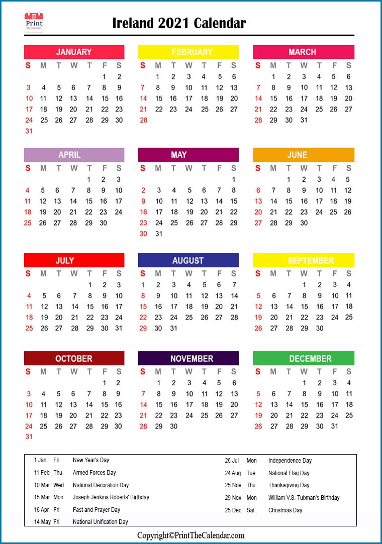 Ireland Calendar 2021 with Ireland Public Holidays