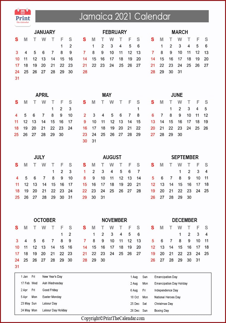 2021 Holiday Calendar Jamaica Jamaica 2021 Holidays