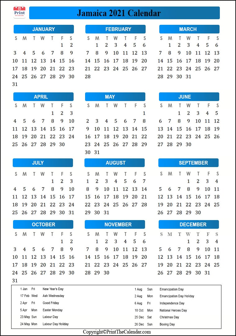 Featured image of post Printable 2021 Calendar With Holidays Jamaica