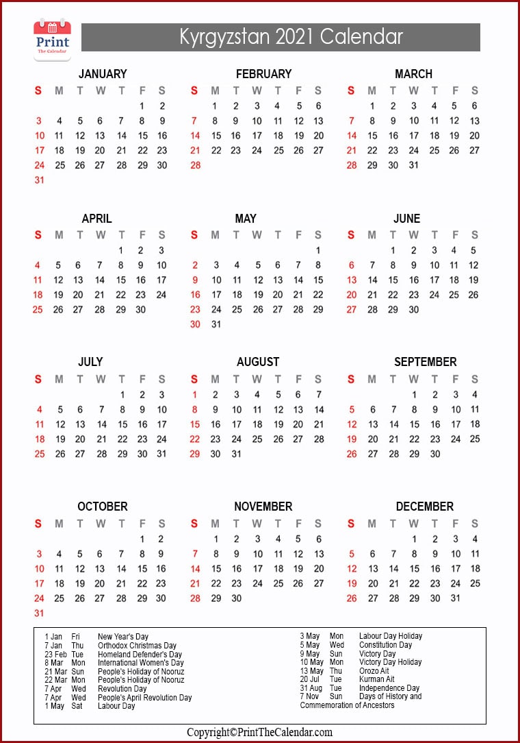 2021 Holiday Calendar Kyrgyzstan | Kyrgyzstan 2021 Holidays