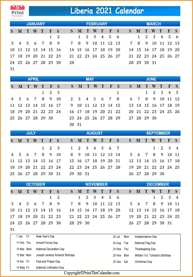 Liberia Calendar 2021 with Liberia Public Holidays