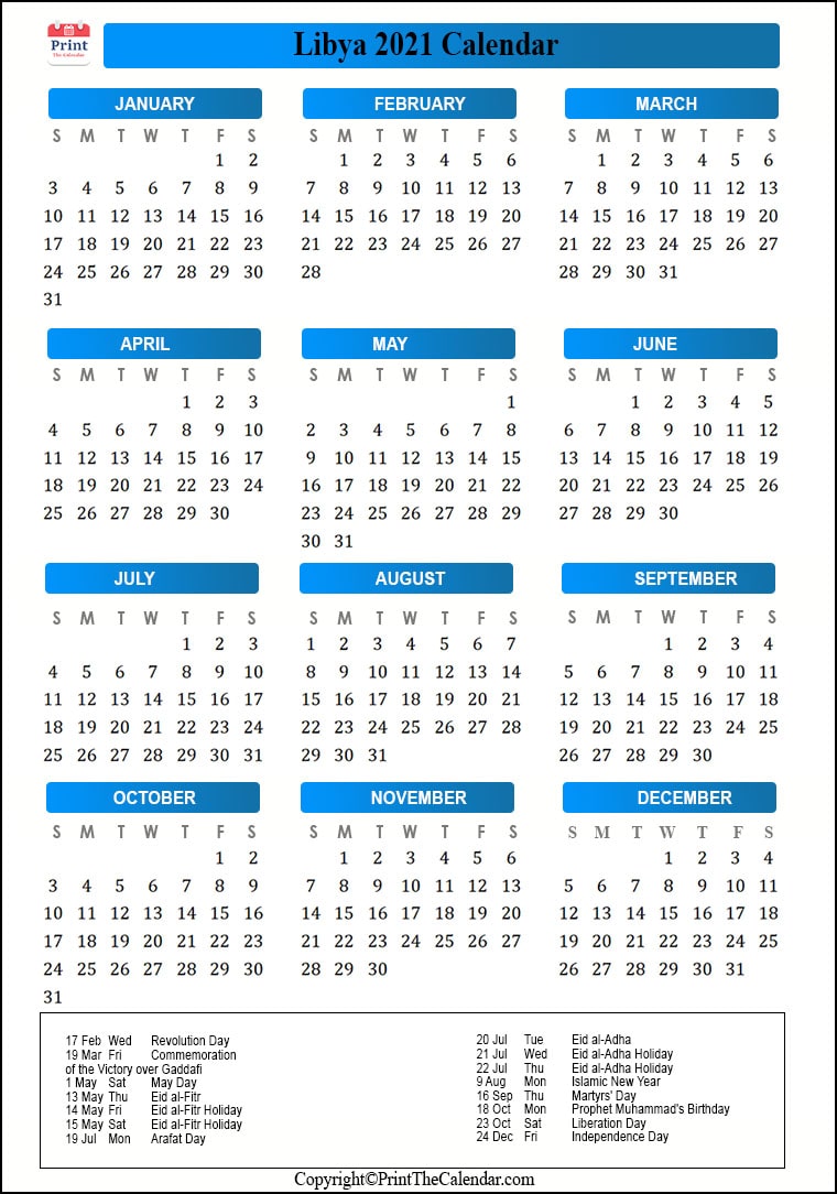 Libya Calendar 2021 with Libya Public Holidays