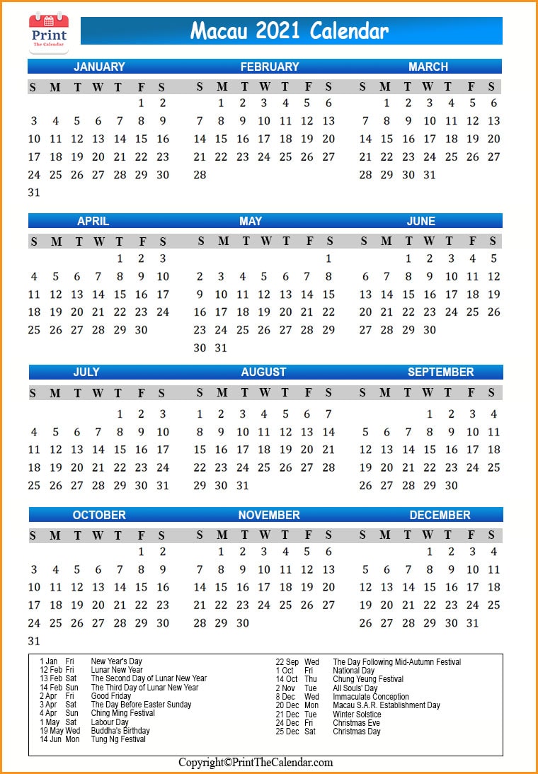 Macau Calendar 2021 with Macau Public Holidays