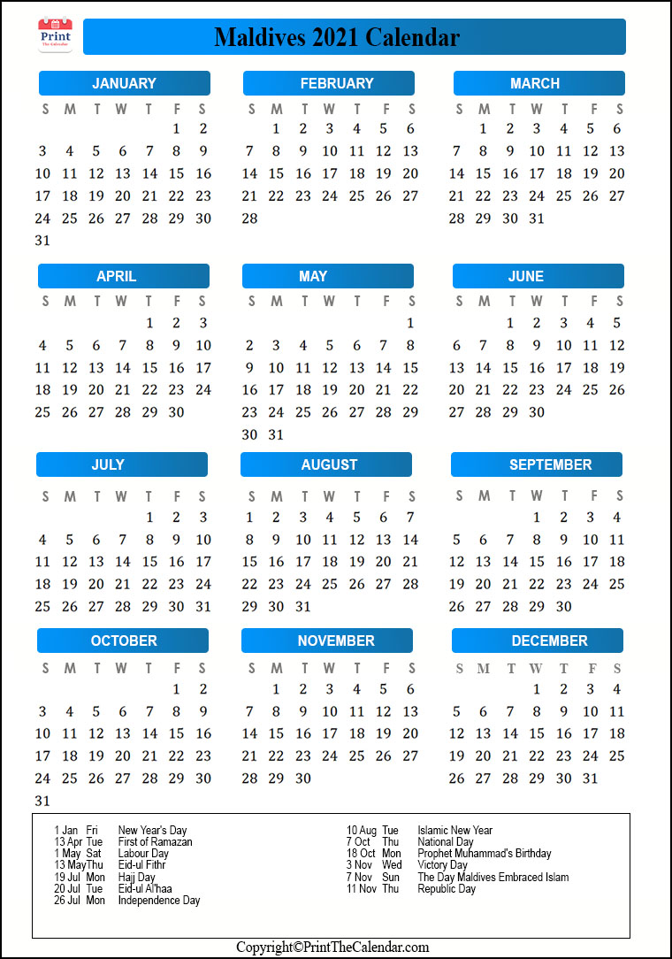 Maldives Calendar 2021 with Maldives Public Holidays