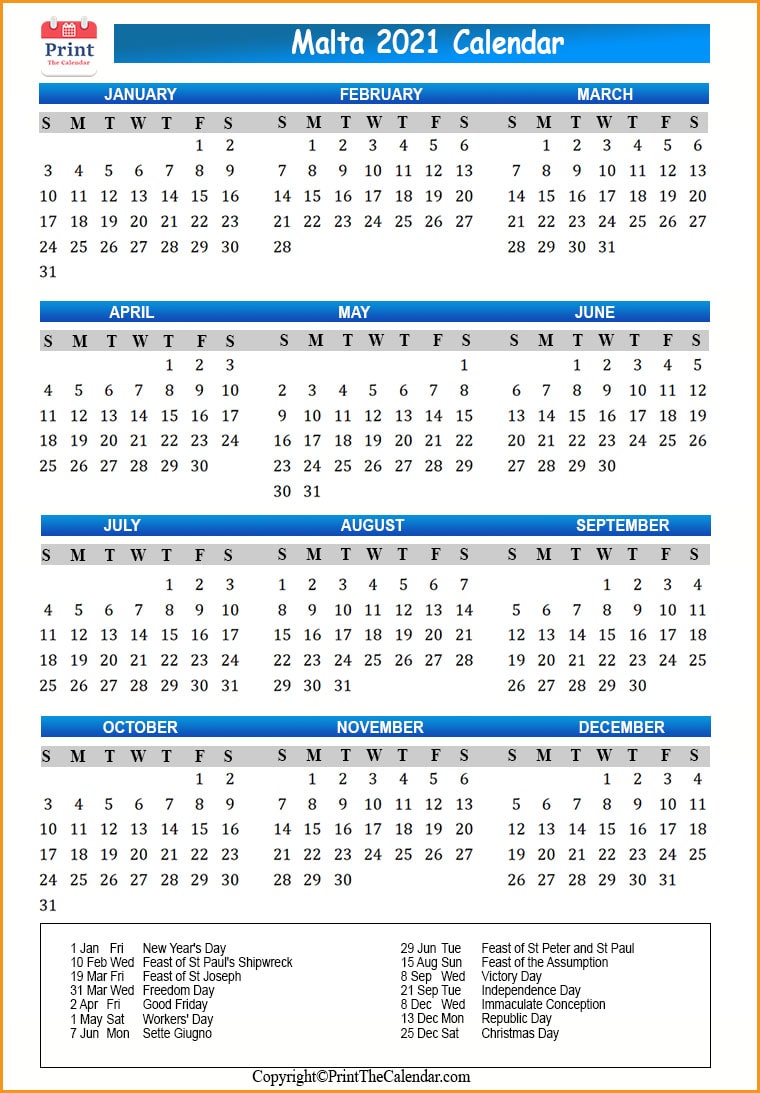 Malta Calendar 2021 with Malta Public Holidays