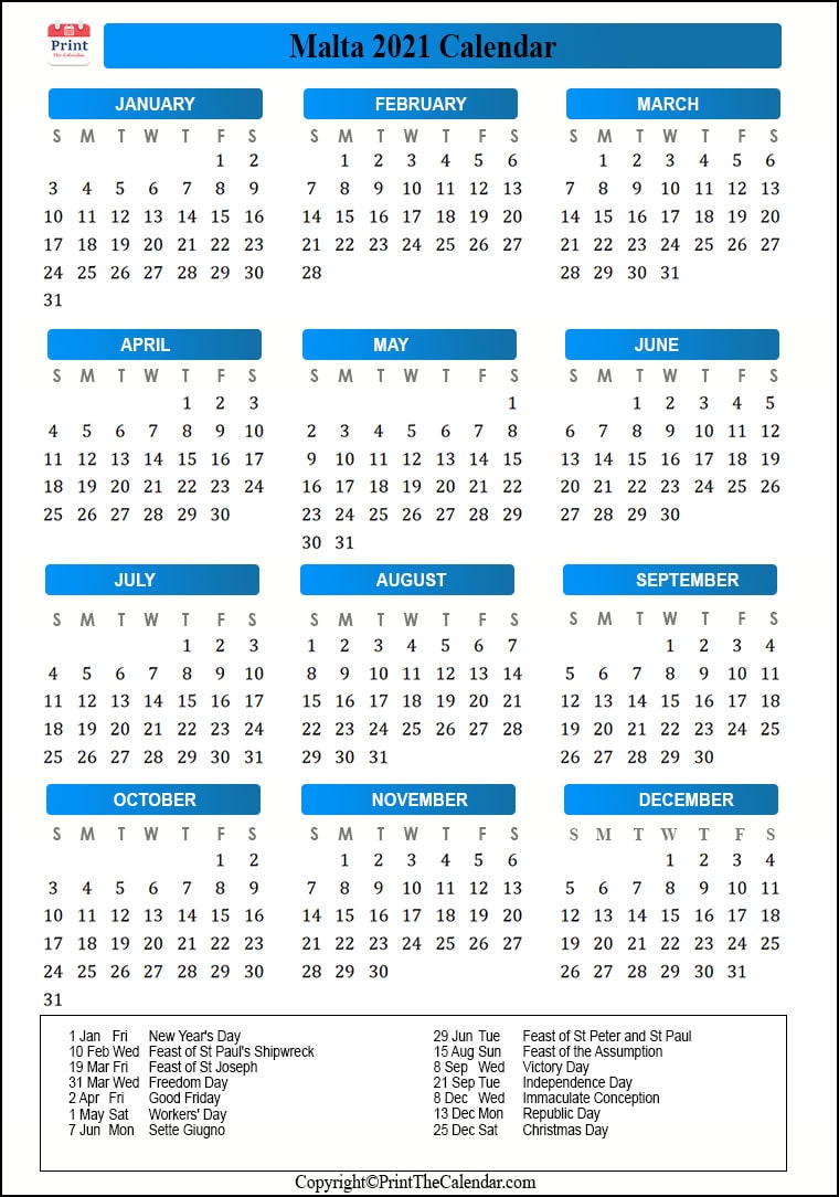 Malta Calendar 2021 with Malta Public Holidays