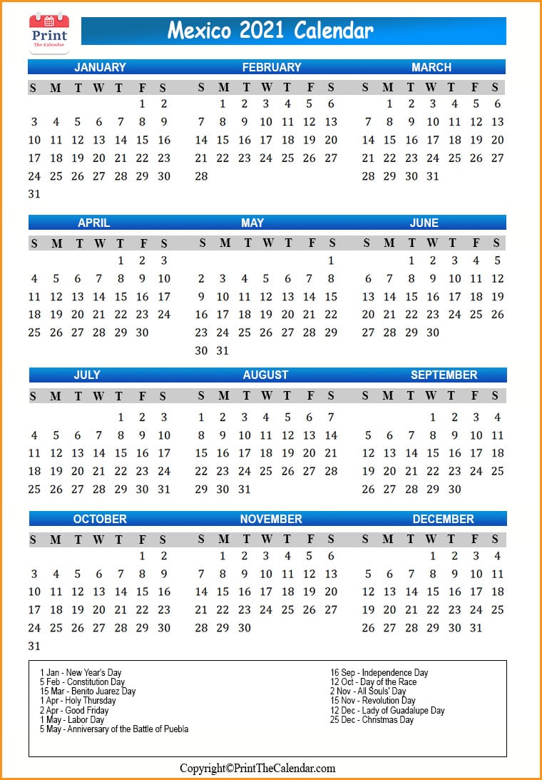 Mexico Calendar 2021 with Mexico Public Holidays