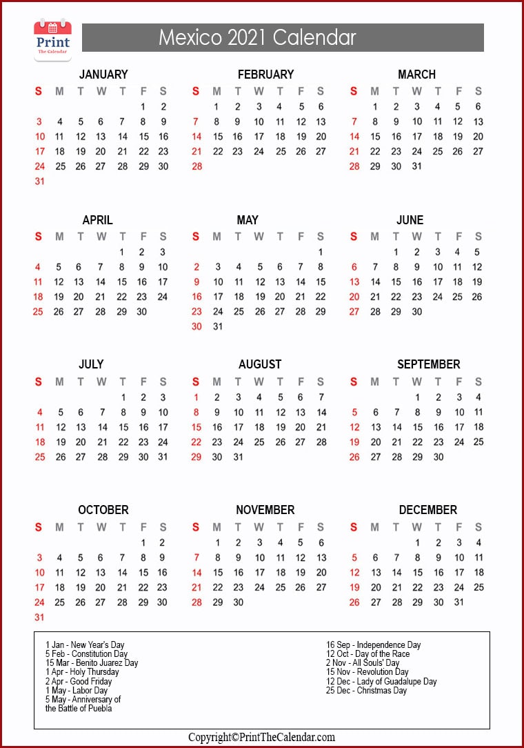 Mexico Calendar 2021 with Mexico Public Holidays