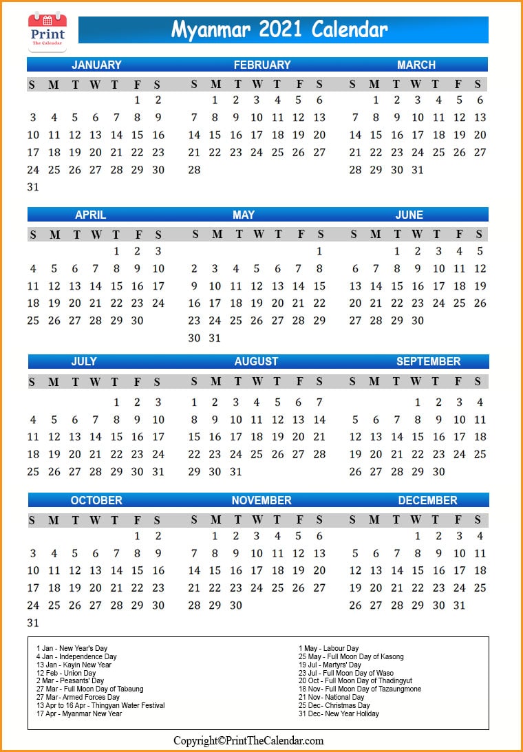 Myanmar Calendar 2021 with Myanmar Public Holidays