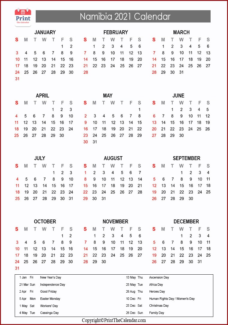 2021 Holiday Calendar Namibia | Namibia 2021 Holidays
