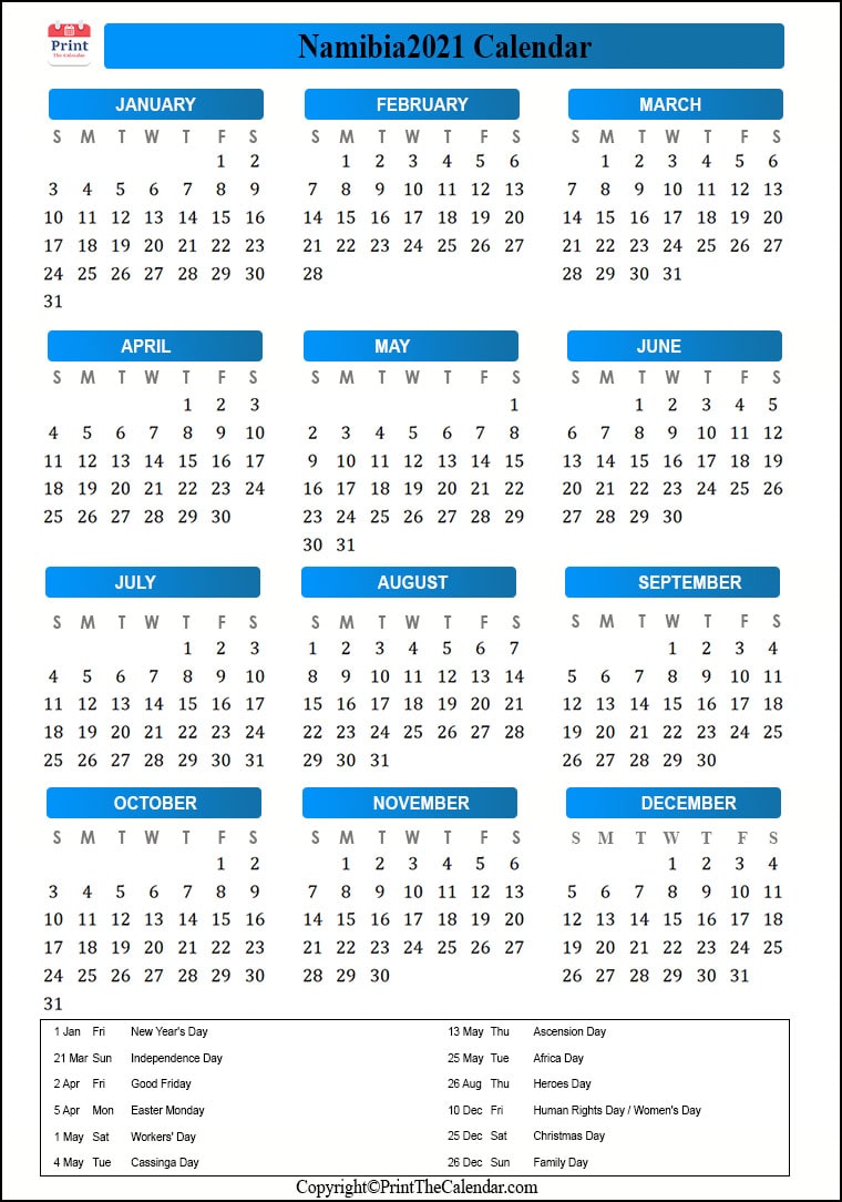 Namibia Calendar 2021 with Namibia Public Holidays