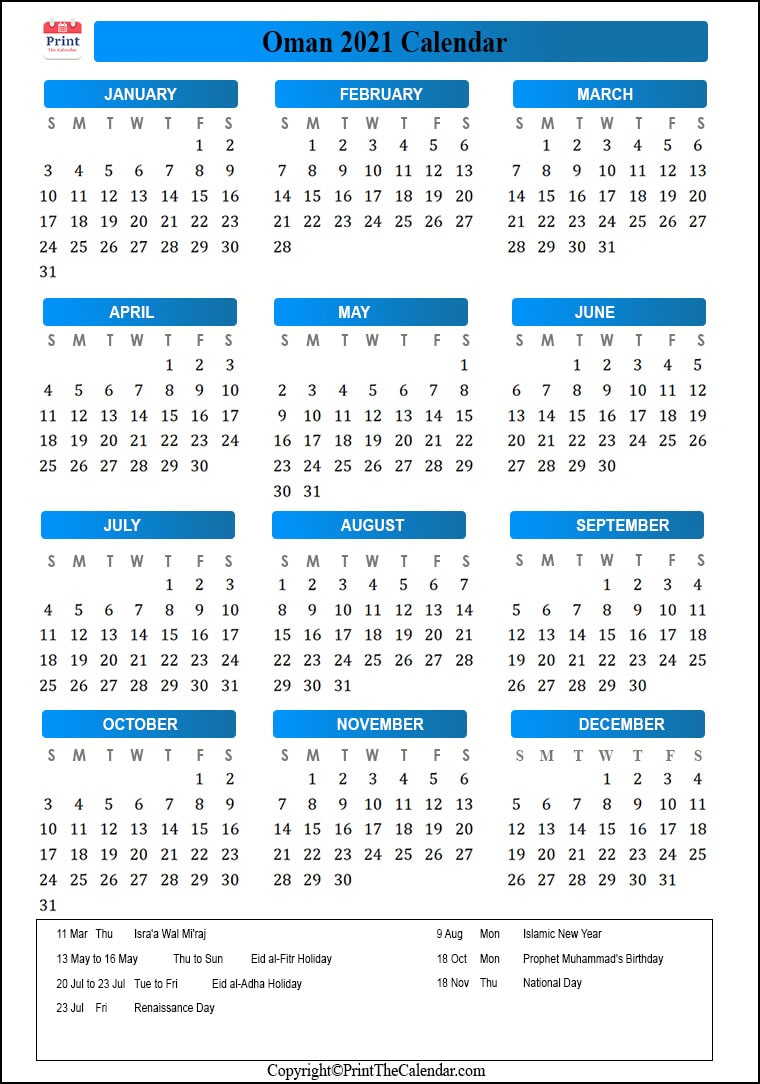 Oman Calendar 2021 with Oman Public Holidays