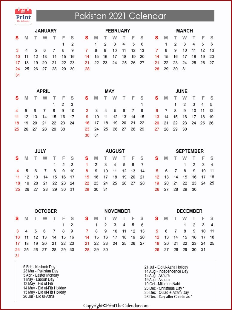 Pakistan Calendar 2021 with Pakistan Public Holidays