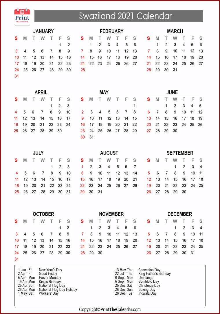 2021 Holiday Calendar Swaziland 