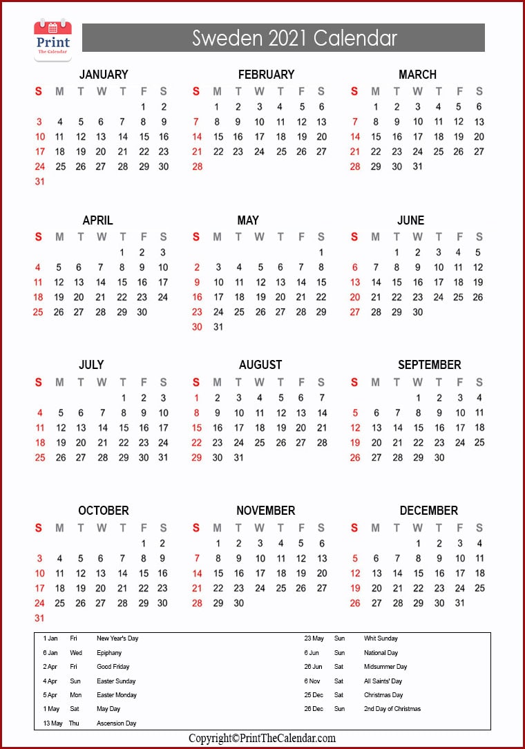 Sweden Calendar 2021 with Sweden Public Holidays