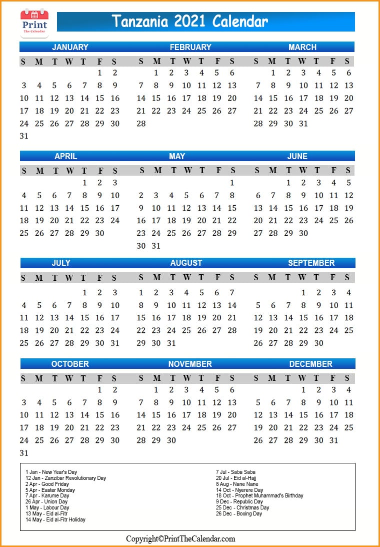 2021 Holiday Calendar Tanzania 