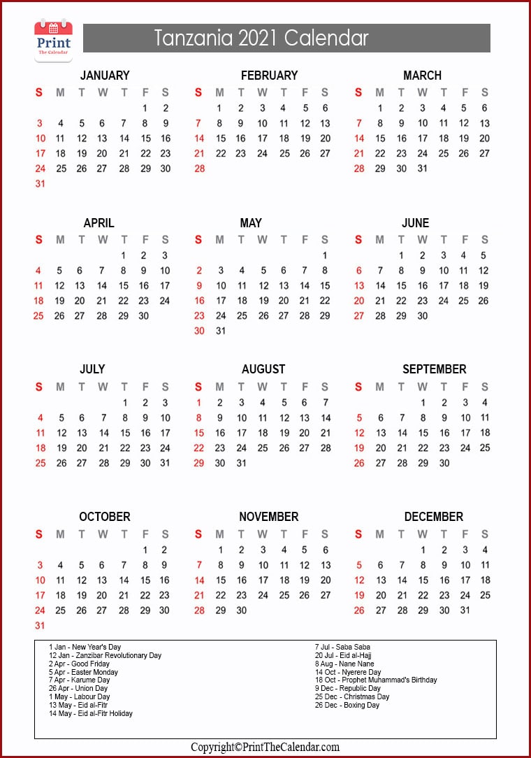 2021 Holiday Calendar Tanzania | Tanzania 2021 Holidays