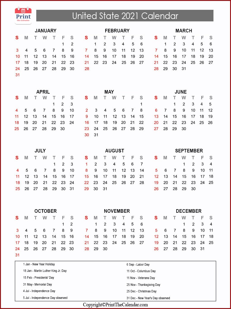 Us Calendar 2021 With Us Public Holidays