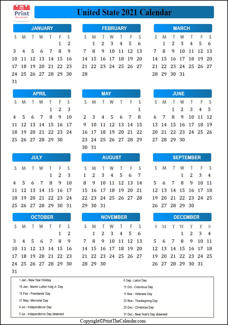 Us Calendar 2021 with Us Public Holidays
