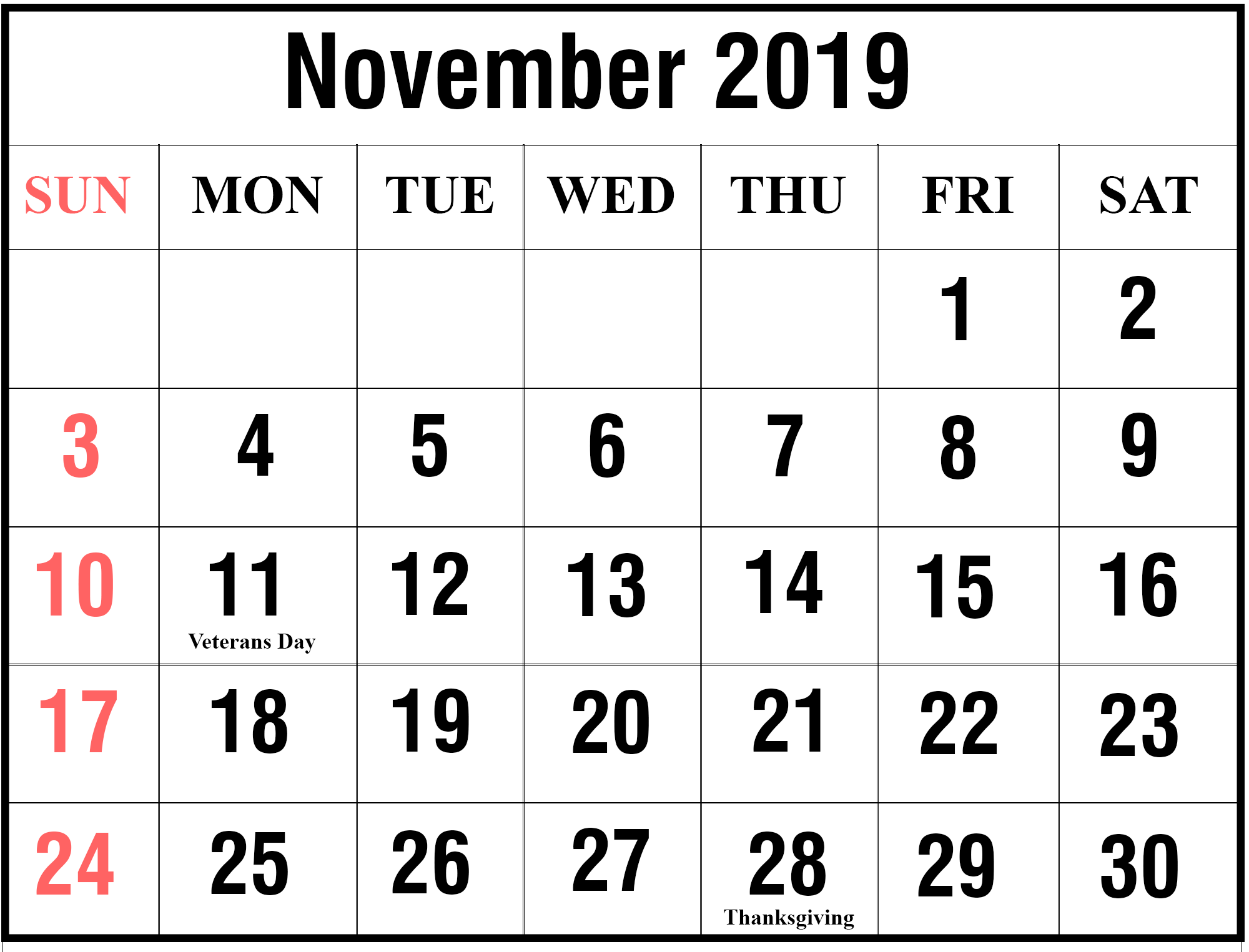 Month November Calendar in Year 2019