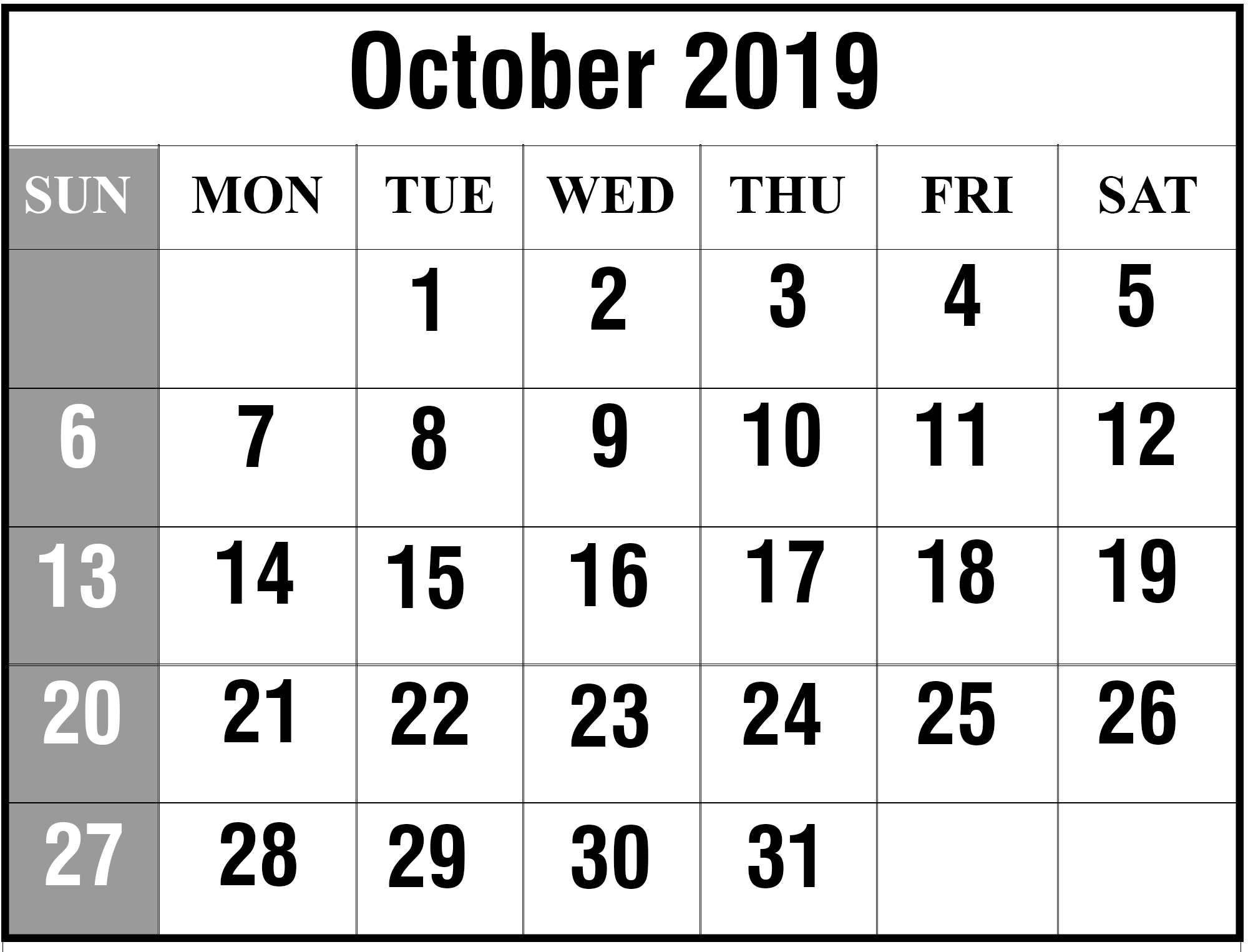  Free October 2019 Printable Calendar For Word Excel PDF