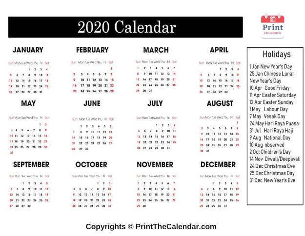 2020 Calendar with Holidays